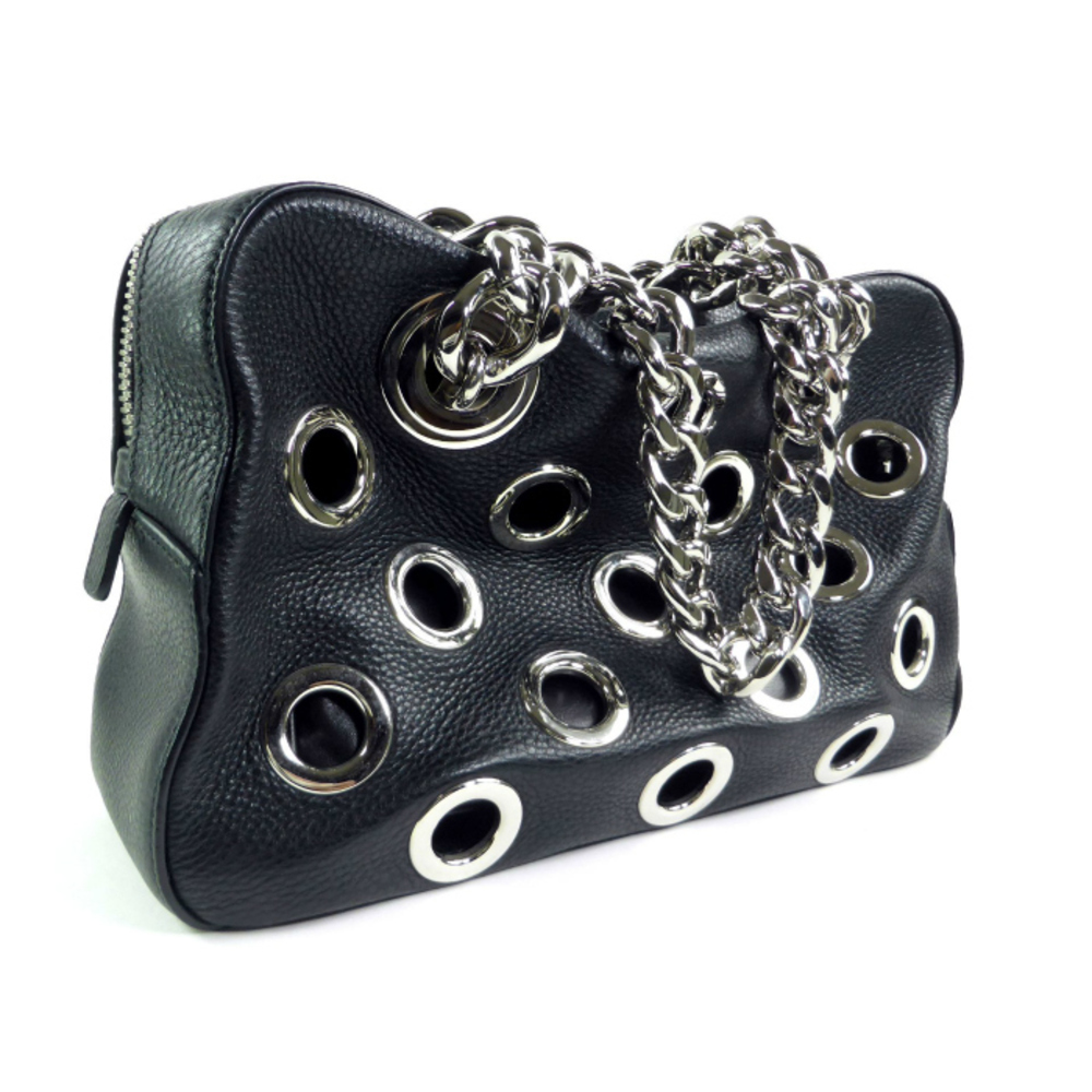Prada Lacca Grommet Perforated Chain Shoulder Bag Black - Picture 3 of 10